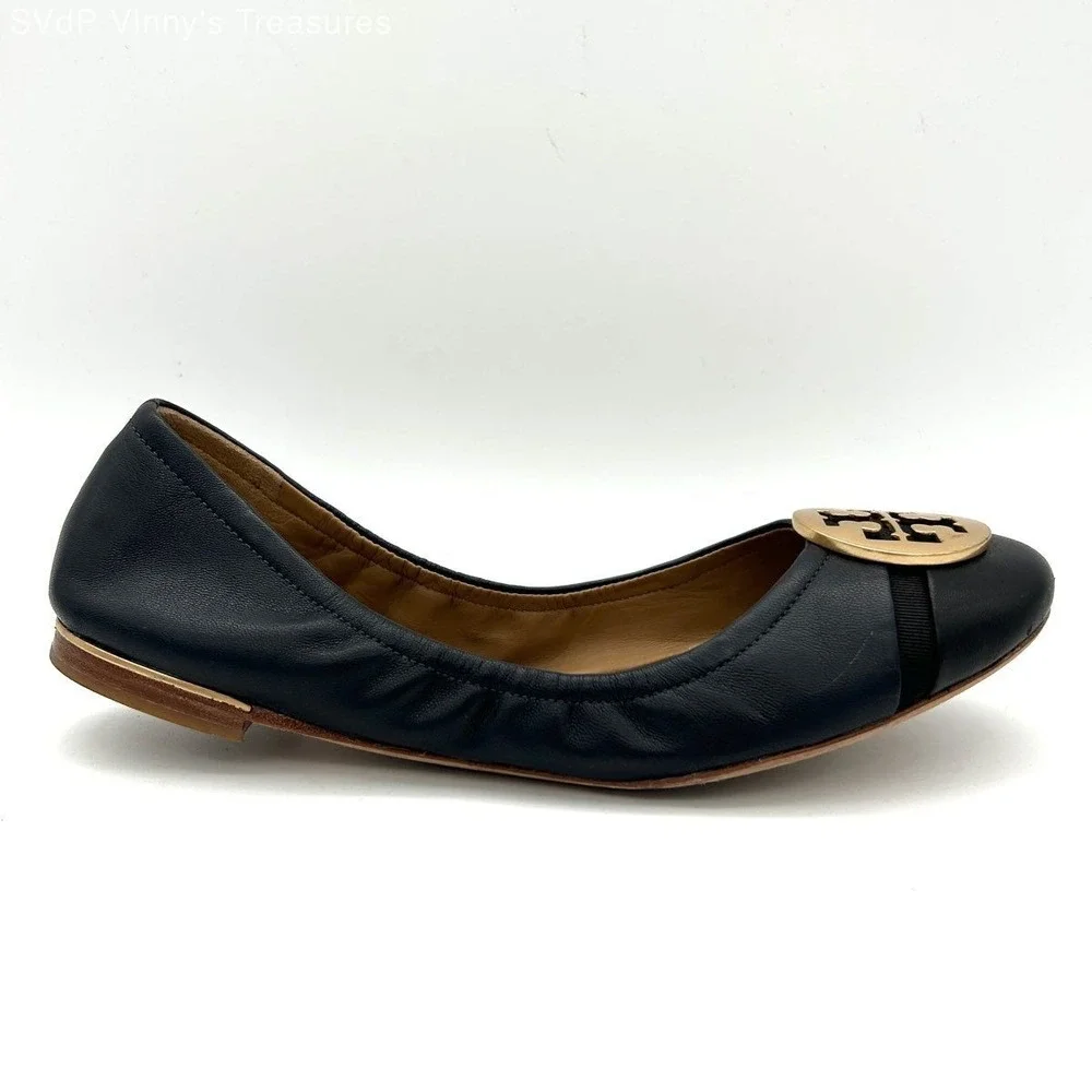 Tory Burch Reva Scrunch Navy Black Leather Ballet Flats Gold Logo Size 6.5M